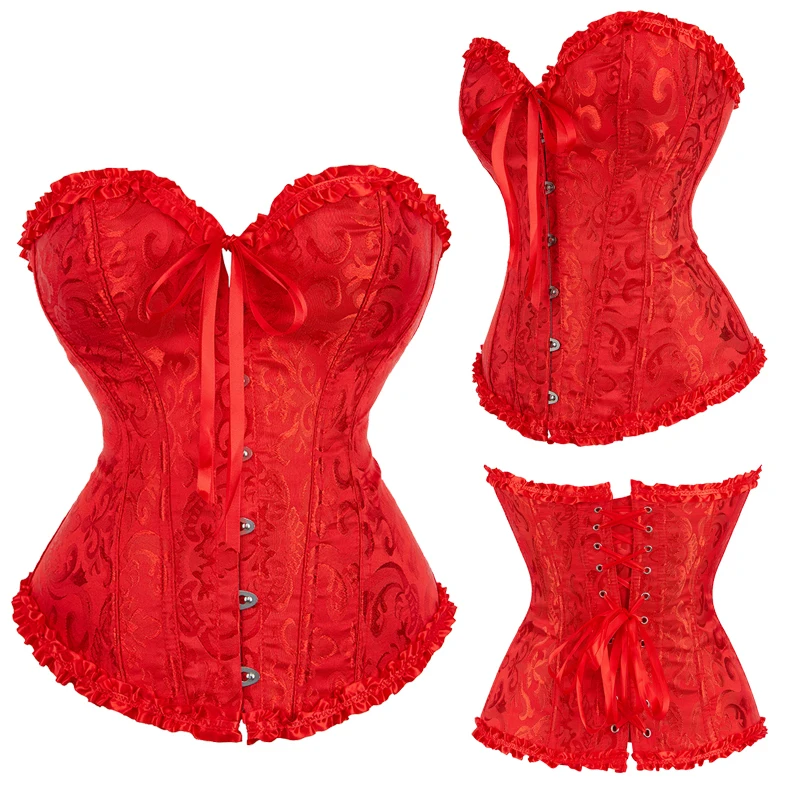 Jacquard Overbust Corset Floral Waist Bustier Top Basques Lace Up Corselet Body Shaper Korset