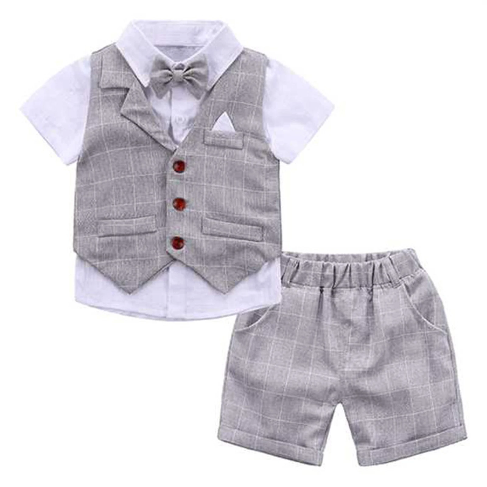 Little Boys Baby Formal Suits Wedding Gentleman Bow Tie Shirt Waistcoat Fake Two-Piece Tops with Shorts Gentleman Outfits