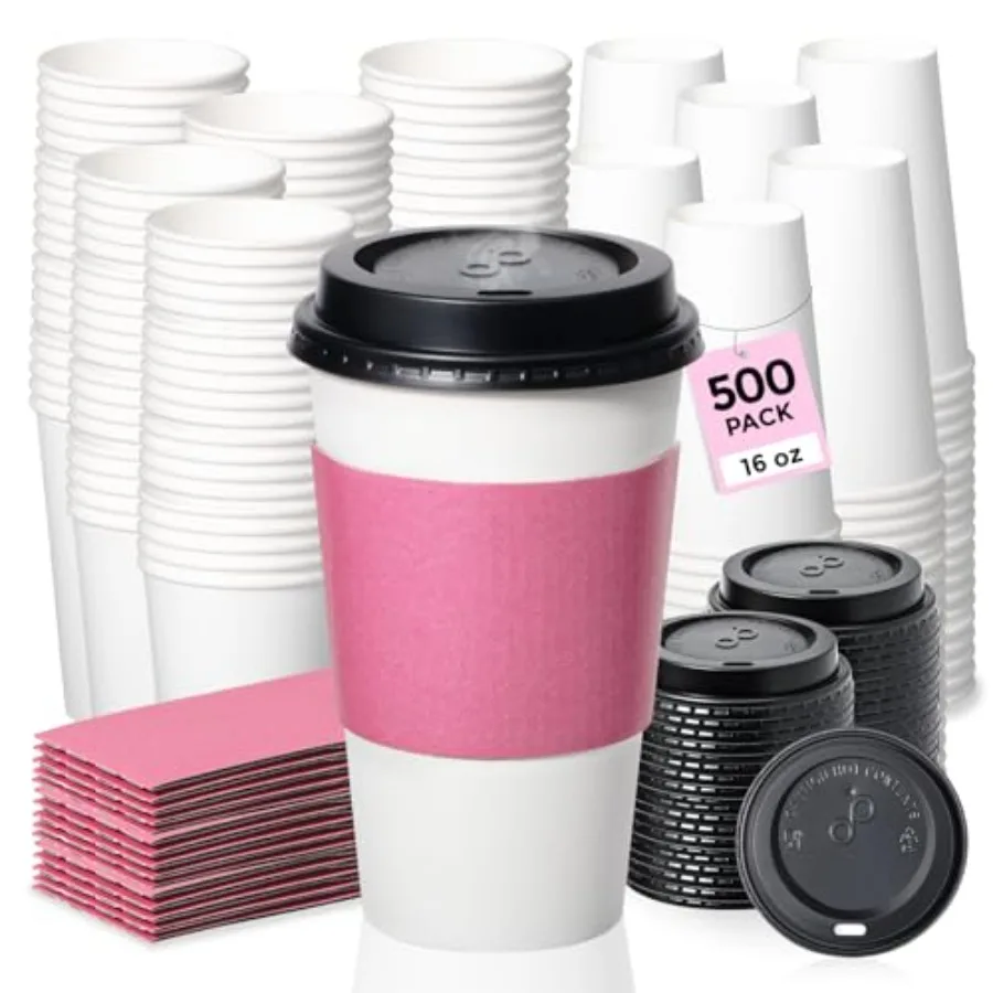 

500 Pack Disposable Coffee Cups with Lids and Pink Sleeves, Lead-Proof Sturdy To Go Coffee Cups with Lids, Pink Hot Paper Cups
