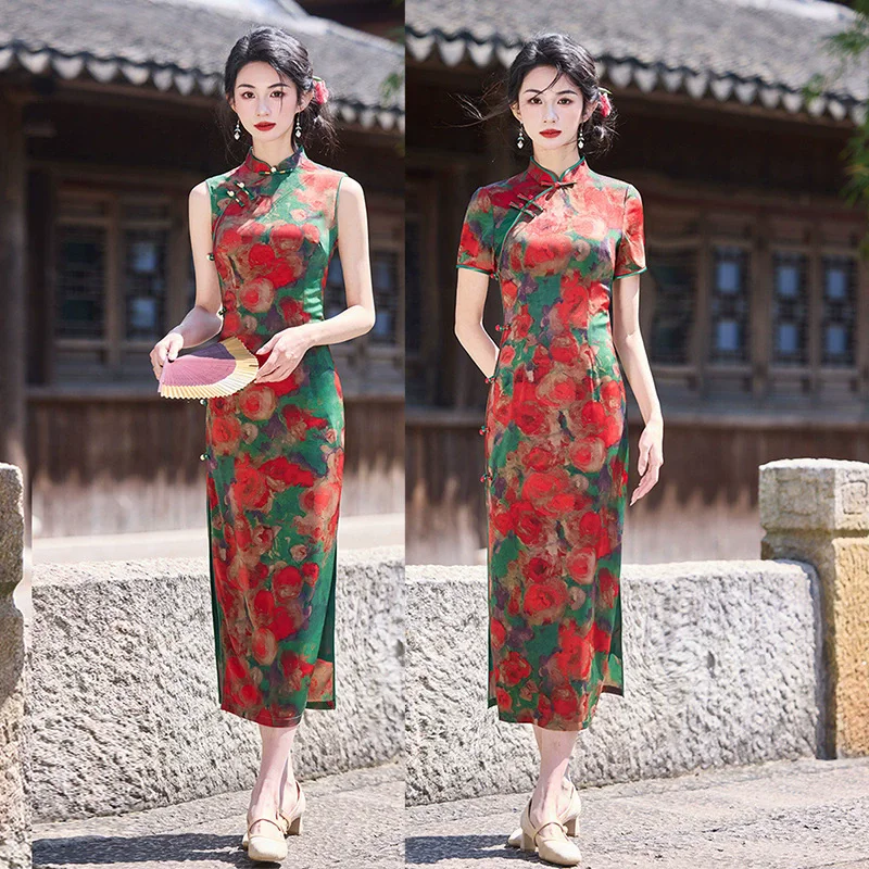 

Spring Summer New Chinese Retro Cheongsam Improved Sleeveless Printed Temperament Long Qipao Pink Qipao Dress