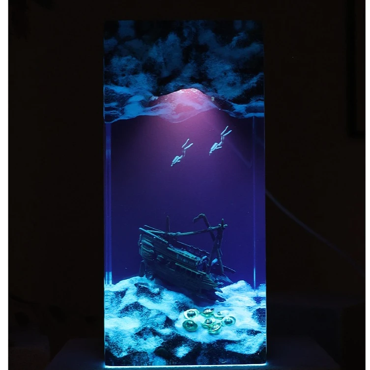 

Underwater Cave Exploration Sunken Ship Art Sculptures Home Decorations Marine Art Solid Wood Resin Glowing Premium Gift