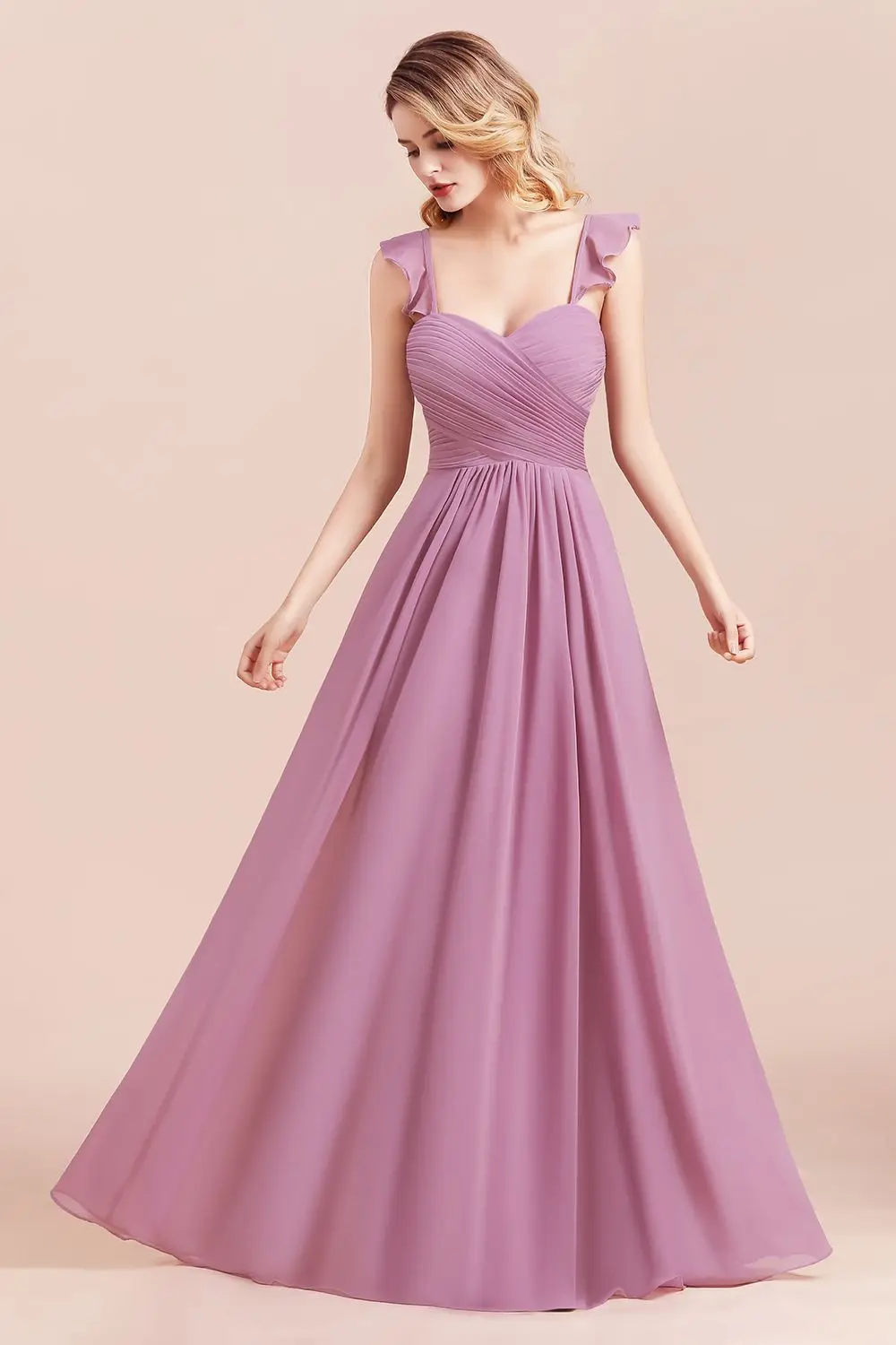 

Women Elegant Bridesmaid Dresses Chiffon Sweetheart Spaghetti Straps Ruffles Criss-Cross Pleat A-line Simple Backless Guest Gown