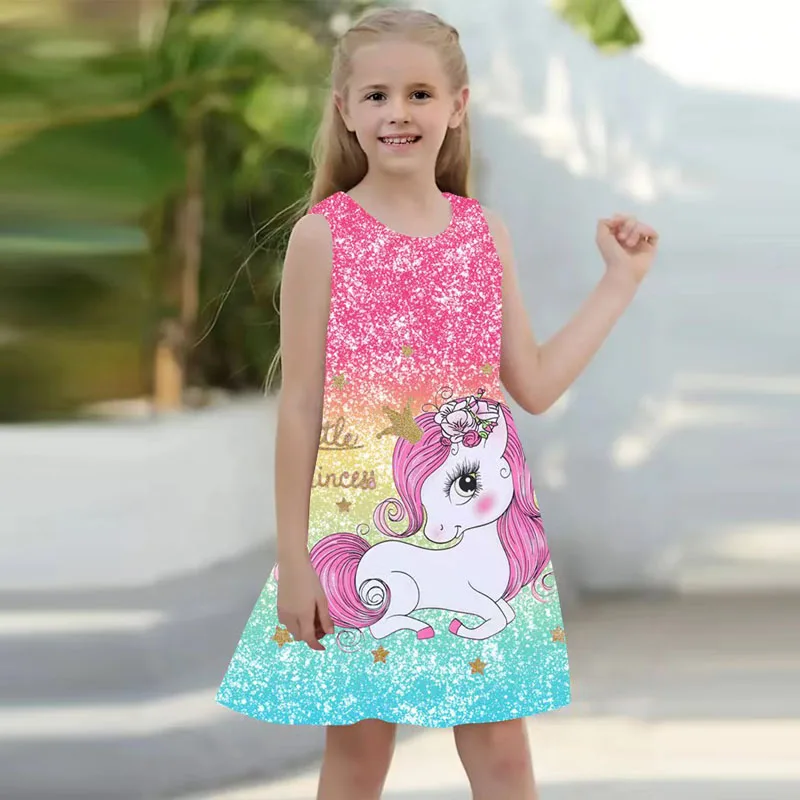 Vestido de verão para meninas, sem mangas, impressão 3d, princesa, unicórnio, para crianças de 2 a 7 anos