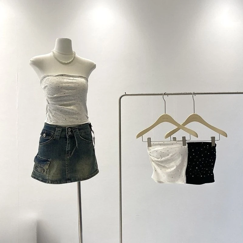 Y2k سترة صيفية مثيرة ماسية ملابس نسائية بدون حمالات غير منتظمة بطيات قميص قصير موضة 2025 Ropa Mujer خزانات كورية مقصوصة