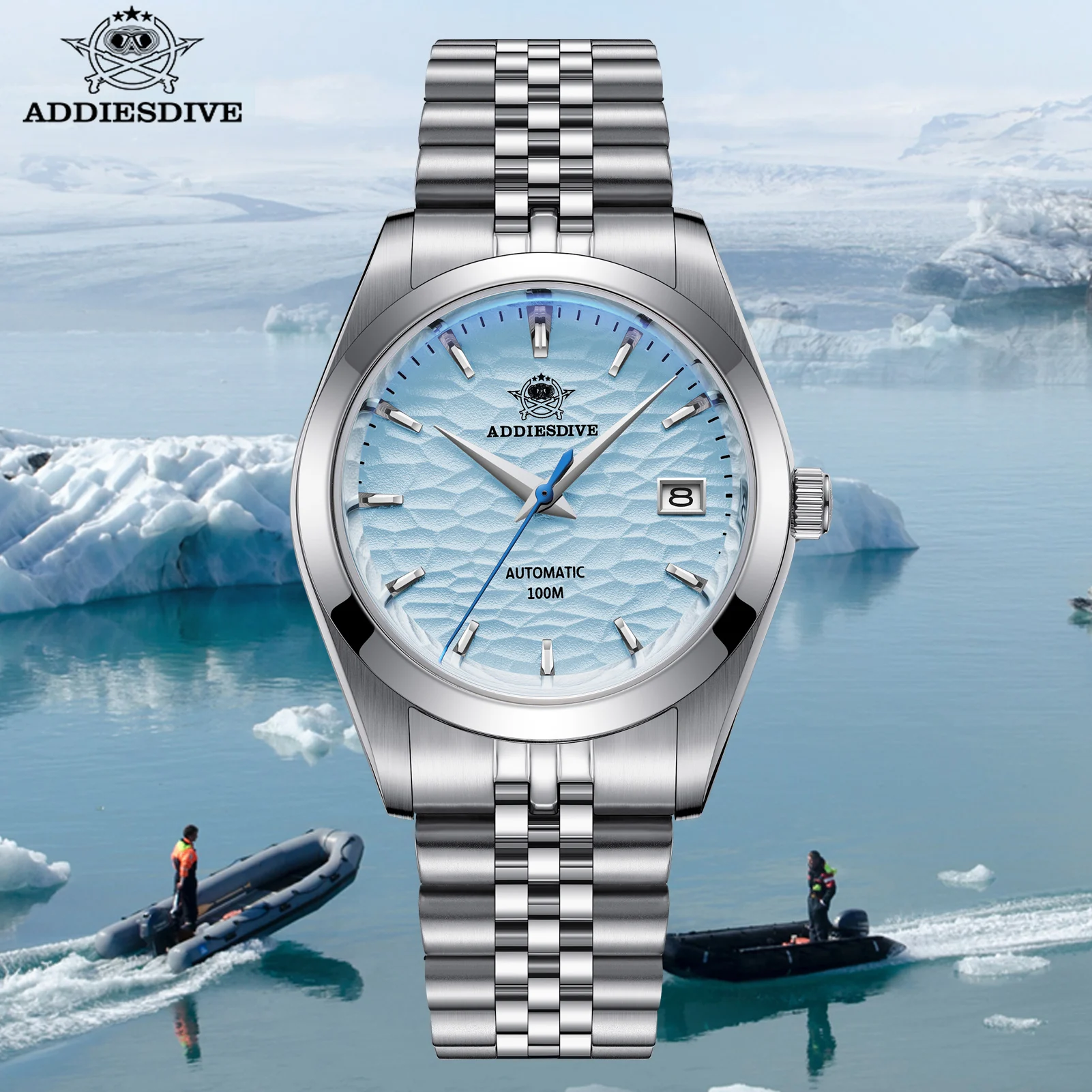 

ADDIESDIVE Calendar Automatic Watch Luxury Business Wristwatches for Men NH35 Silver 100m Waterproof Diving Mechanical Watches