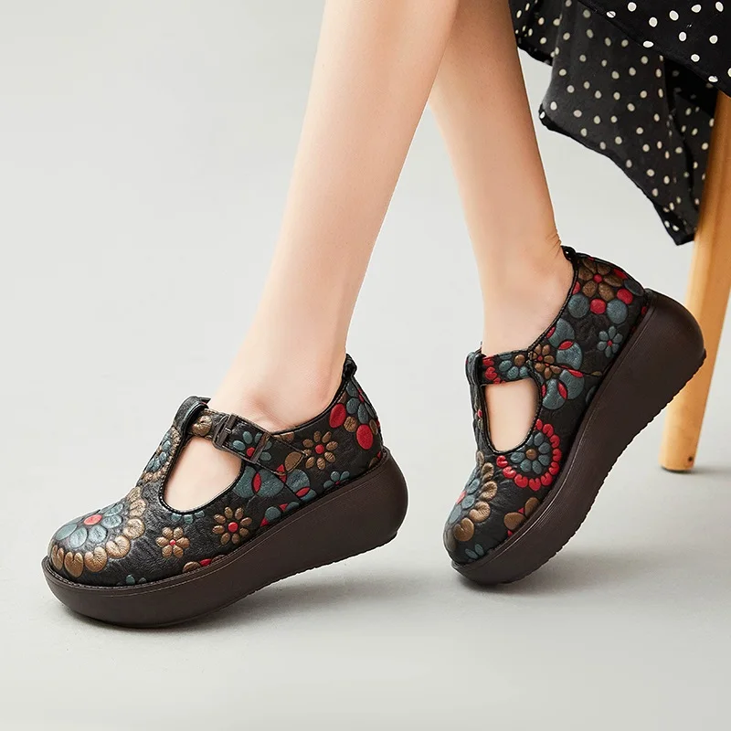 DRKANOL Platform Shoes Women Spring Printing Genuine Leather Round Toe Buckle Strap Ethnic Style Wedges Heel Mother Shoes H720L