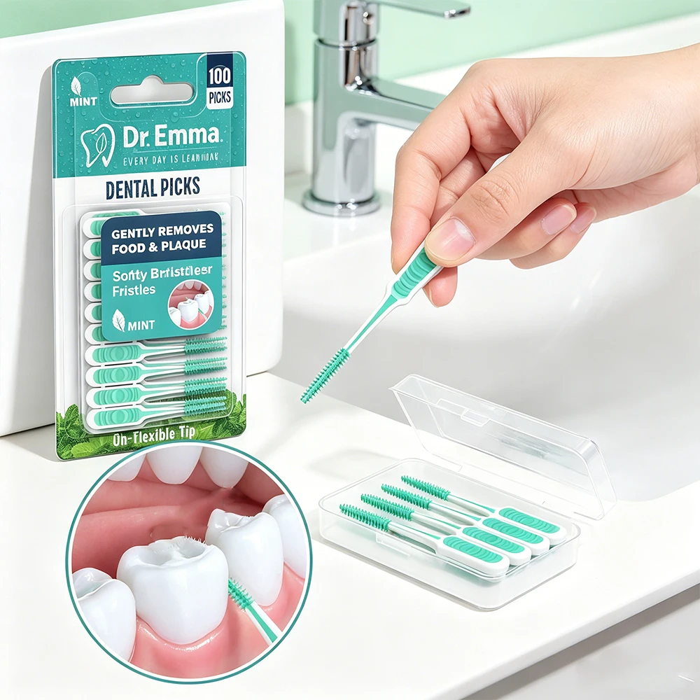Dr. Emma Mint Silikon-Zahnzwischenraumbürsten, 100 Stück, weiche, flexible Gummi-Zahnzwischenraumbürsten, sanft zu den Zahnfleisch, Einweg-Zahnseide-Sticks – Detail 2