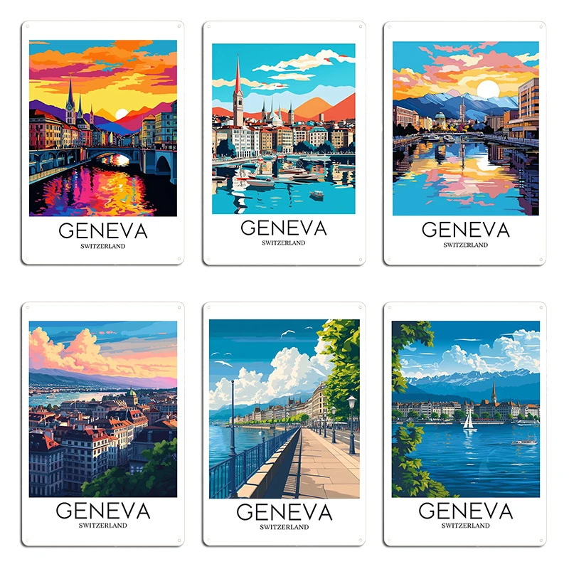 A Pop Art Travel Print of Geneva Switzerland Metal Home Wall Decor Printed Cave Tin Sign Poster