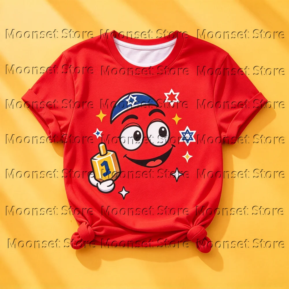 Kids Hanukkah T-Shirt Cute Cartoon Character Print Short Sleeve Tee Boys Girls Cartoon Holiday Party Casual Crew Neck Tops