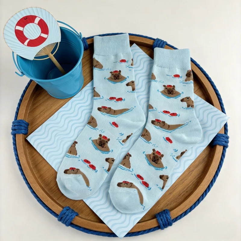 1 pair Cute Capybara Swimming Pattern Light Blue Mid-Calf Socks , Fun Animal Printed Casual Socks