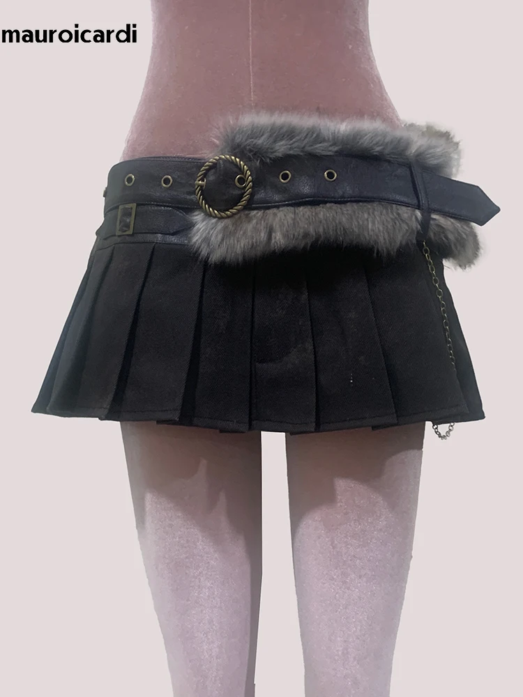 

Весна-лето, потертая коричневая мини-юбка из мягкого искусственного меха в стиле пэчворк из искусственной кожи, женская роскошная дизайнерская одежда в стиле эмо-панк, пояс