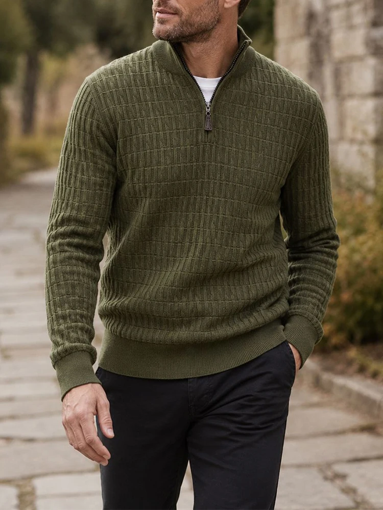 Daily Casual Stand Collar Sweater Polo Shirts Mens Slim Fit Fall Winter Textured Knit Long Sleeve Fashion Pullover For Men