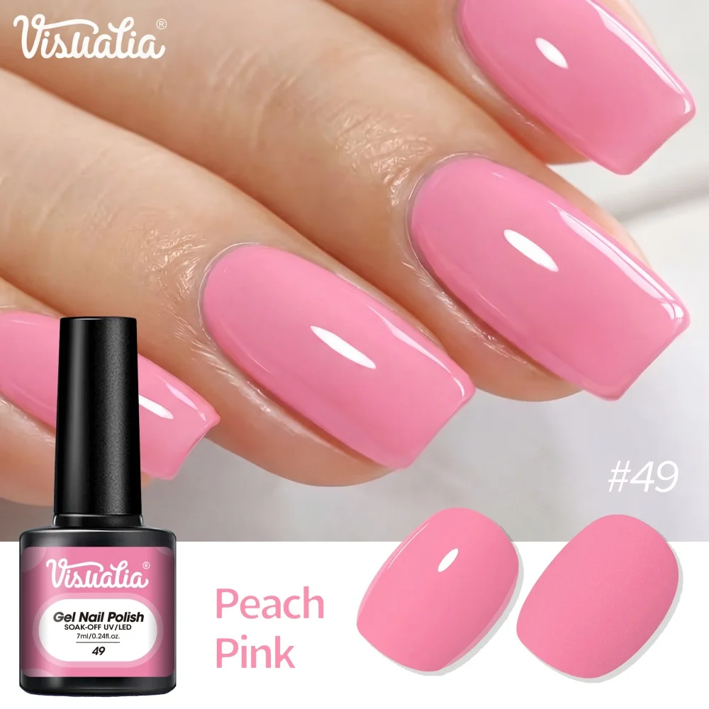 Visuatia 7ml Peach Pink Solid Color Phototherapy Gel, removable UV nail gel. Popular sweet girl colors for all seasons, the gel is smooth and easy to apply. It can be used for simple, solid-color manicures or as a base color for various nail art designs, suitable for a variety of nail art occasions such as dates and outings.