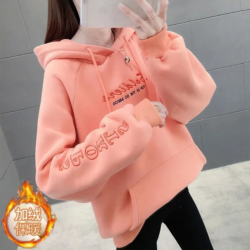 Plus Velvet Thick Warm Embroidered Hoodie Womens 2022 Autumn Winter New Korean Fashion Loose Casual Pullover Sweater Women