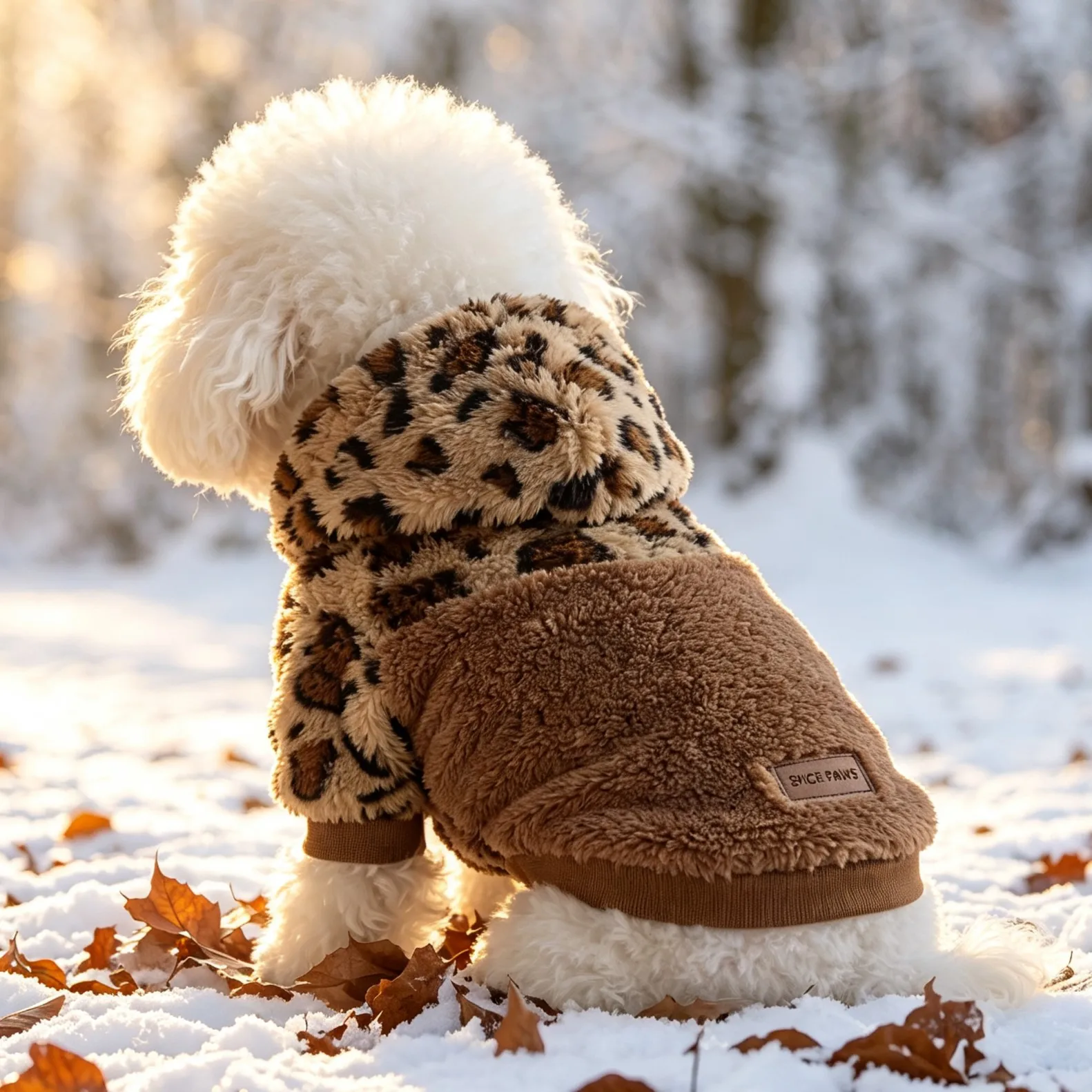 Hundejacke, Vintage-Hundemantel mit Leopardenmuster, Plüschstoff, farblich abgesetzte Kapuze, doppelseitiger Plüsch, warm und mit Taschen, Hundebekleidung. – Detail 1