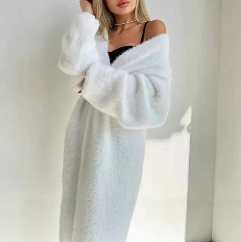 Ladies Mid‑Length Knit Cardigan Sweater Coat Loose Long Sleeve Casual Outerwear Tops For Autumn Winter Street Daily Wear