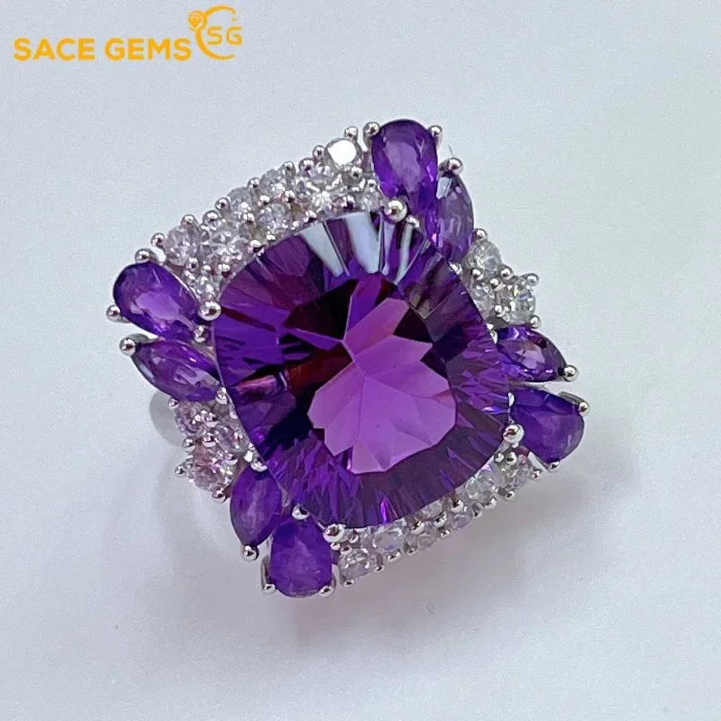 

SACE GEMS Fashion Resizable 12*14MM Natual Amethyst Rings for Women 925Sterling Silver Wedding Party Fine Jewelry Festival Gift