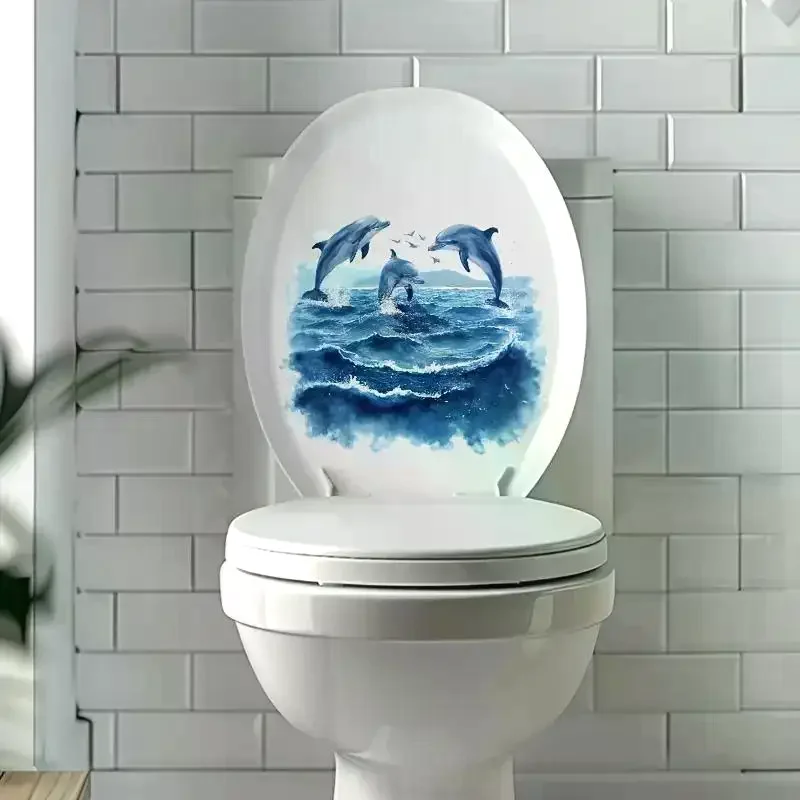 Ocean Dolphin Watercolor Toilet Sticker Residue-Free Removable Waterproof Decal for Bathroom Restroom Home Decor