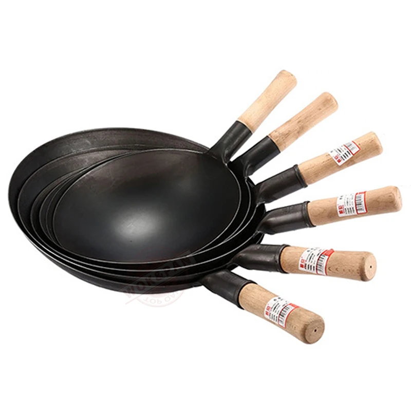 Wok de acero al carbono de 32cm, mango de madera sin recubrimiento, utensilios de cocina de fondo redondo para estufas de Gas