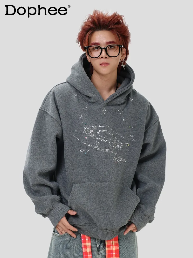 

2025 Autumn Winter New American Retro Starry Sky Rhinestone Hooded Sweatshirt Loose Casual Fleece Hoodie Unisex