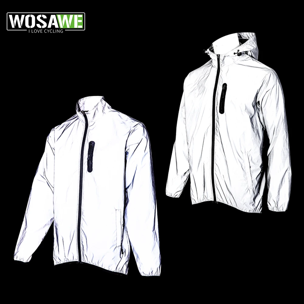 WOSAWE Men's Fully Reflective Jacket Outdoor Lightweight Windbreaker MTB Bike Hooded Rain Jacket Running Fishing Cycling Coat 