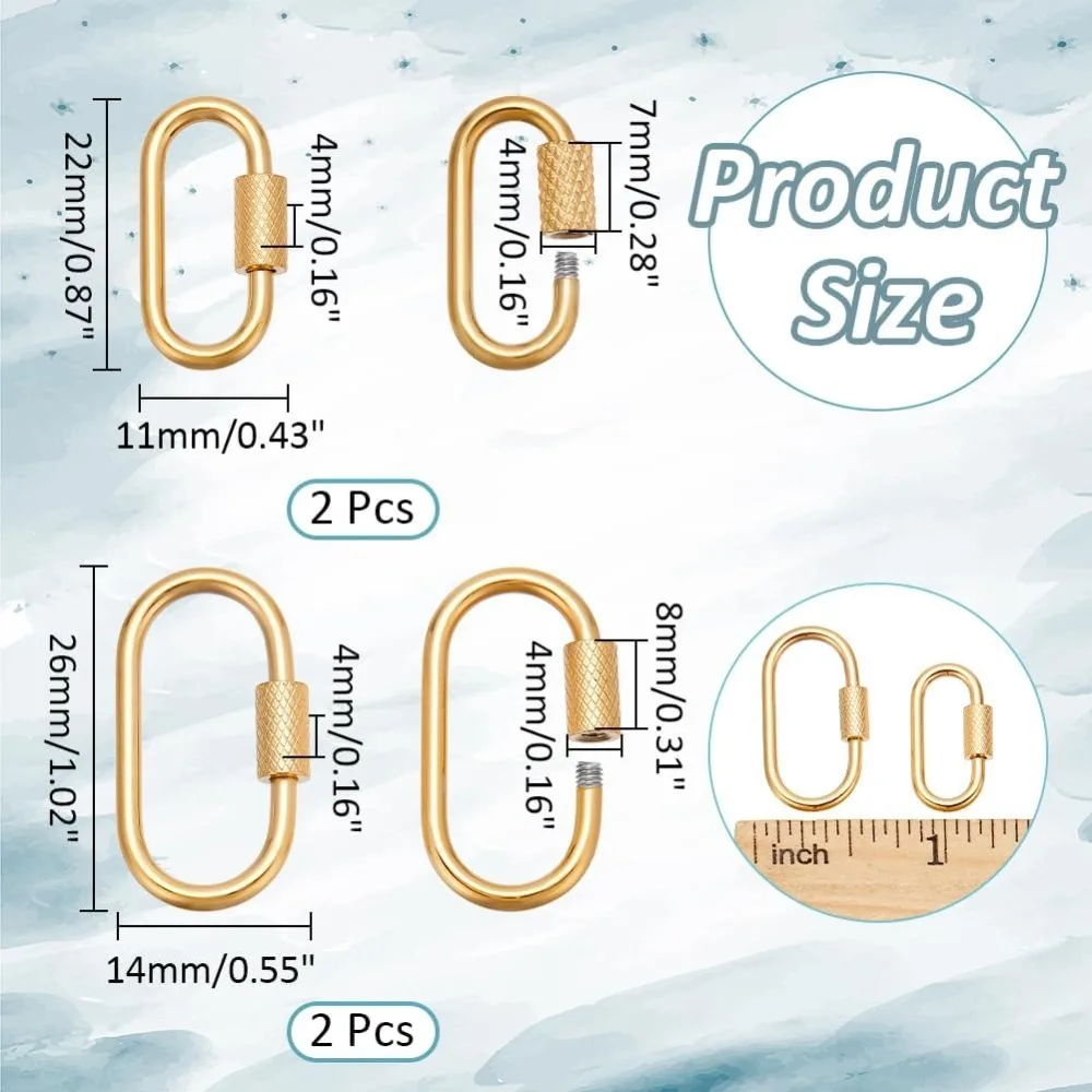 4 Pcs 2 Styles Stainless Steel Lock Charms, Golden Keychain Connector Oval Screw Carabiner Lock Clasps for DIY Necklaces