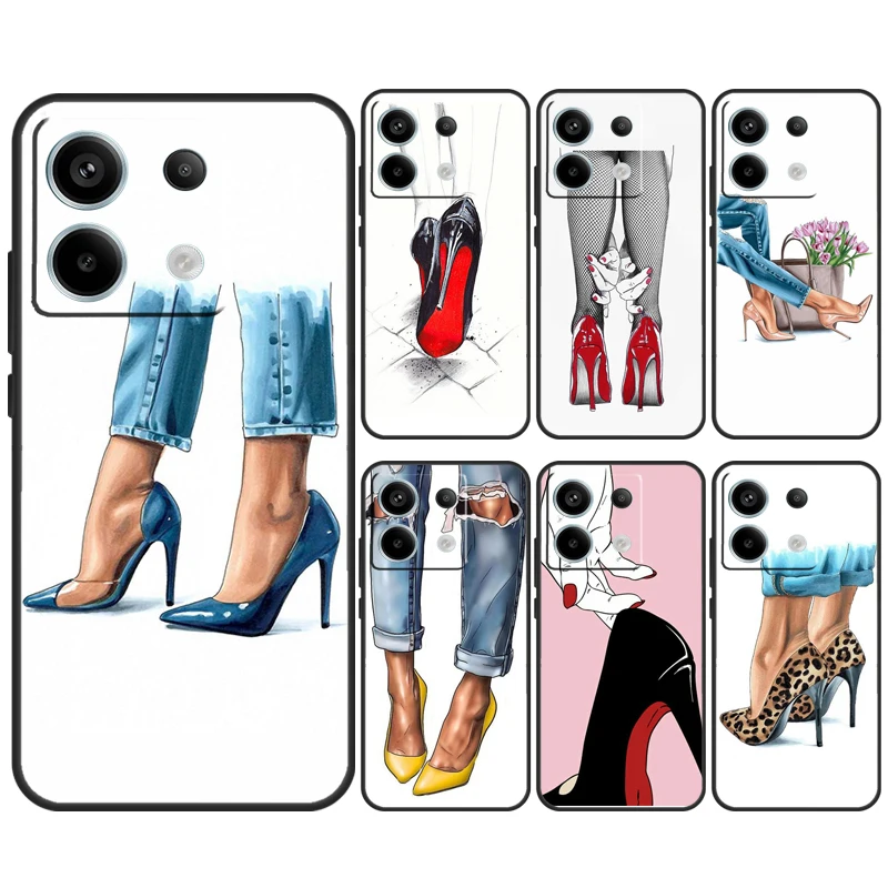 Fashion High Heels Case for Xiaomi Redmi 13C 12C 10C 10A 9C Note 12 13 10 8 9 11 Pro 12S 10S 11S Phone Cover