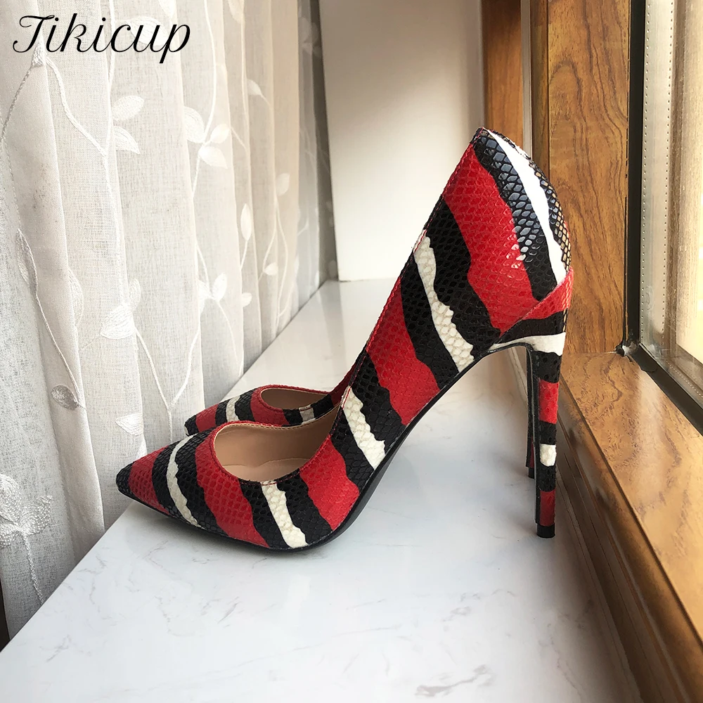 

Tikicup Striped Snakeskin Women Pointy Toe High Heel Shoes Sexy Ladies Party Dress Stiletto Pumps Plus Size 33-45 8cm 10cm 12cm