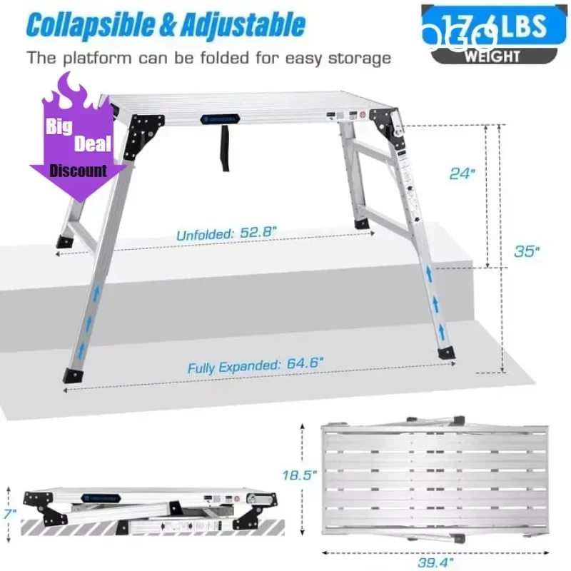 

Ограниченная по времени акция: Прочная регулируемая рабочая платформа (39,4 x 18,5 дюймов), портативная складная алюминиевая стремянка-лестница, строительные леса