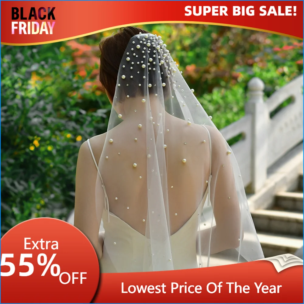 TOPQUEEN V135 Dramatic 1 tier Bridal veil Pearls Wedding Veils with Comb Beaded Wedding Accessories Glistening Rhinestone