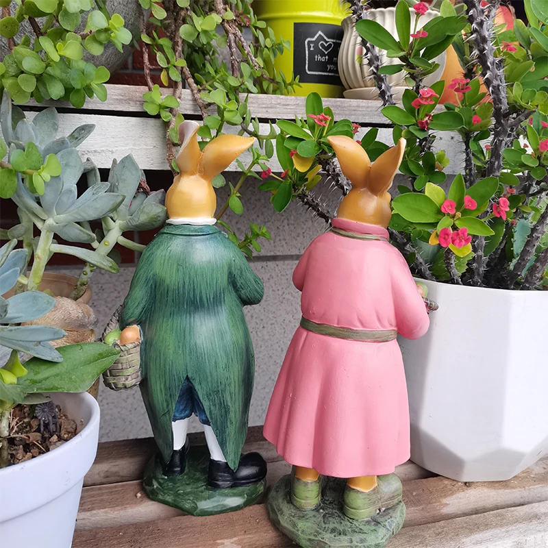 2Pcs Garden Decoration Couple Rabbits Ornament Outdoor Garden Easter Bunny Retro Desktop Home Furnishings