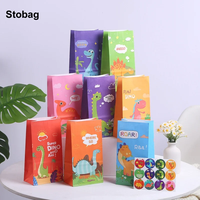 

StoBag 12/24pcs Cartoon Dinosaur Kraft paper Gift Packaging Bags Children for Candy Snack Storage Pouch Birthday Party Favors