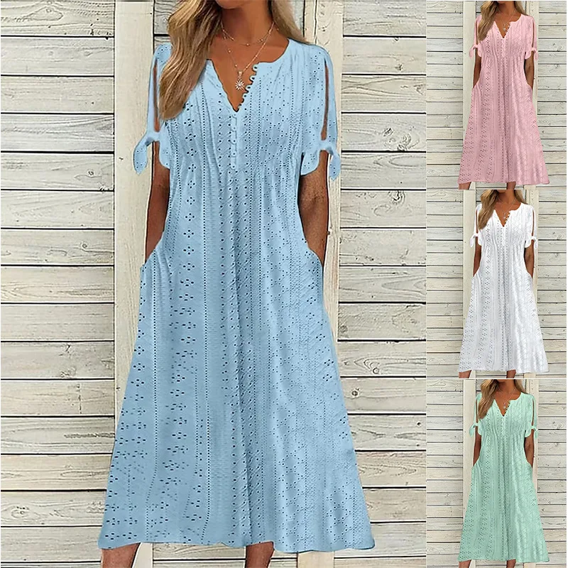 Women Summer Loose Midi Dress V-Neck Button Front Hollow Eyelet Short Sleeve Split Tie Cuff Side Pocket Casual Beach Dresses