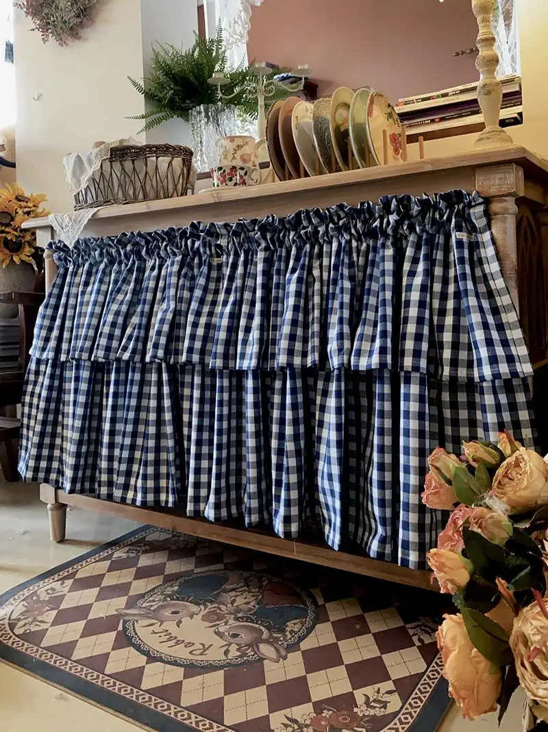 

Atmosphere Home American Country Retro Blue Grid Short Curtain Coffee Kitchen Half Door Curtains for Living Room Bedroom