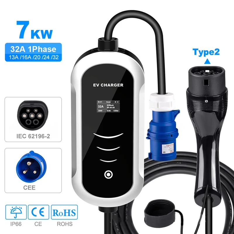 ABAC-7KW شاحن محمول من النوع 2 EV مع قابس تحويل 5 أوضاع شاحن سيارة سريع؟ للسيارات الكهربائية