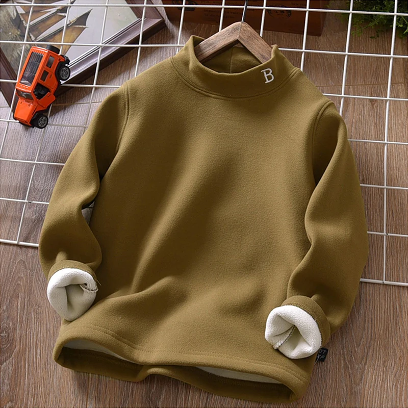 Kids Thermal Shirt 4-12Y Half-Turtleneck Velvet Top Autumn Winter Letter Embroidery Plush Long Sleeve Blouse for Boys & Girls