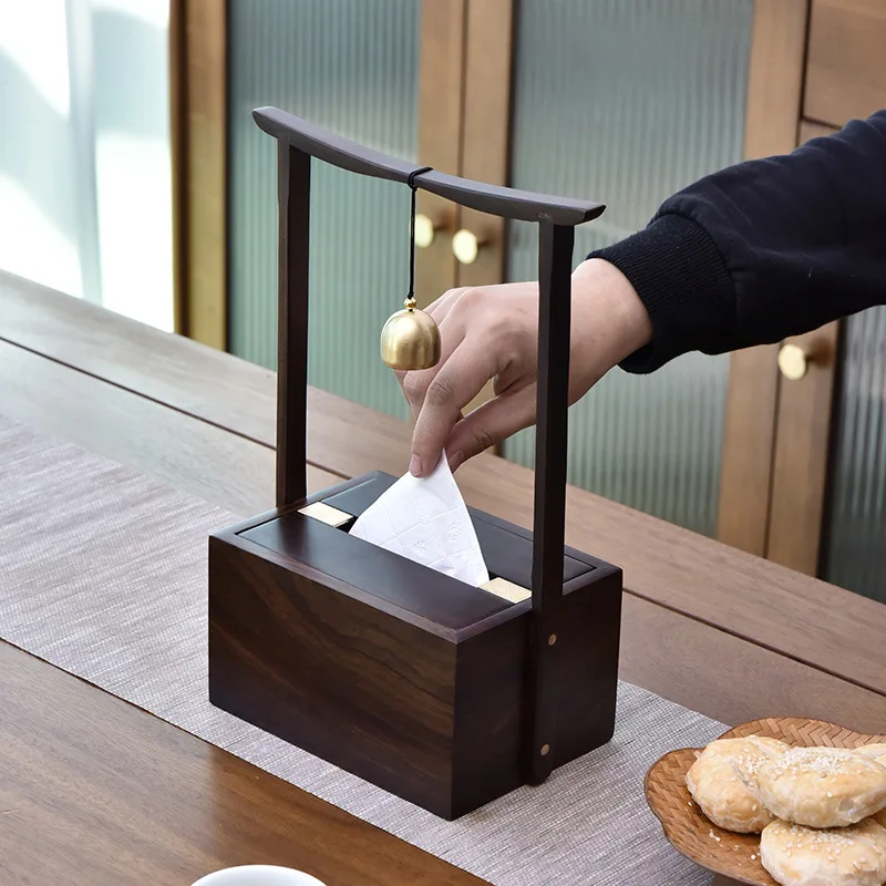 

Solid Wood Tissue Box Ebony Walnut Wood Natural Log Chinese Vintage Handle Pull-Out Storage Home Living Room Decor