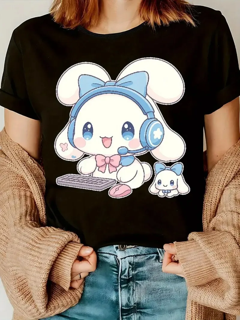 Cute Bunny with Headset Keyboard Pure Cotton T - Shirt Adorable Cartoon Rabbit in Gamer Style Fun Graphic Tee Arrival Tee S-4XL