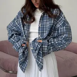 2024 Oversized Plaid Shirt Autumn Winter Women Vintage Long Sleeve Fashion Loose Lapel Pocket Shirt Fit Blouse Korean Style