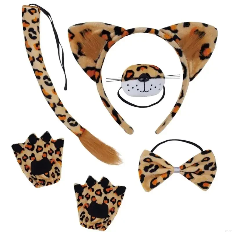 DXAE Luipaard Kostuumaccessoires Set luipaardoren hoofdbanden, bogen, neus, handschoenstaartaccessoires Luipaardkostuum voor