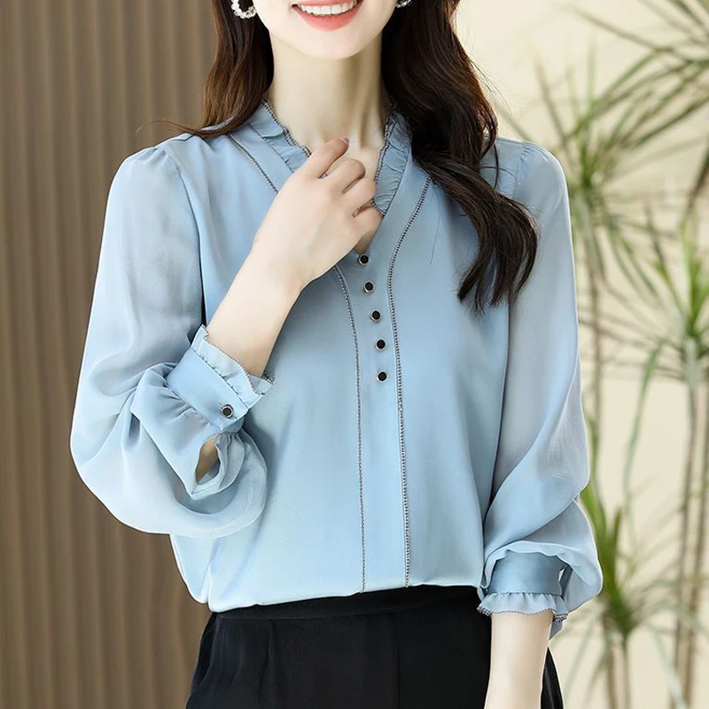 Women Korean Fashion Ruffle V Neck Elegant Blouses Spring Autumn Office Lady Commute Shirts Casual Blue Long Sleeve Loose Tops