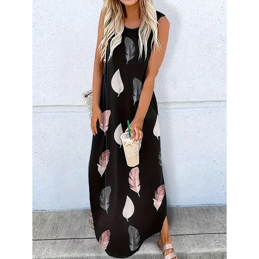 Abito senza maniche girocollo con stampa di piume da donna alla moda taglie forti