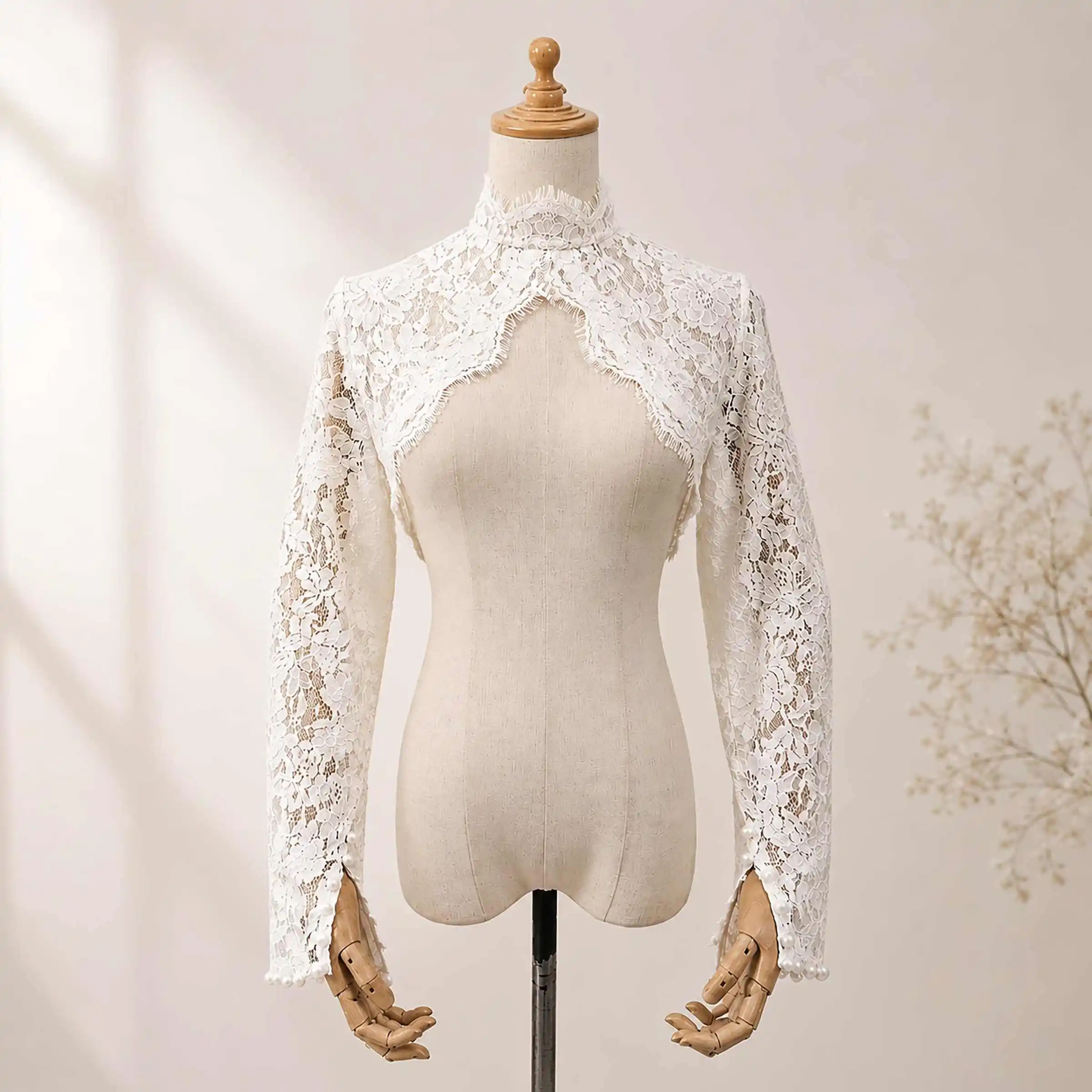 Bridal Lace Jacket High Neck Long Sleeve Crop Bridal Accessory for Bridal Outfit Layering Luxury Wedding Occasions Customized