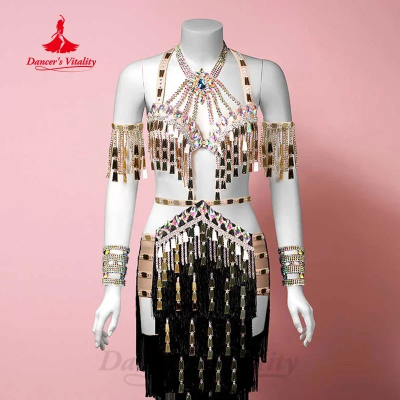 Belly Dancing Set for Women's Customized Luxury Diamond Bra+Sexy Tassel Split Skirt 2pcs Oriental Dance Performance Costume