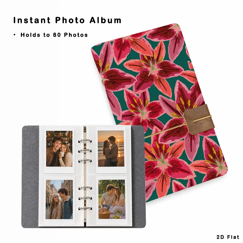 Art‑Style Hot Pink Lily Instant Photo Book 80 Photos Ring Binder Photo Album Stylish Picture Keeper for Wedding Party Couple Hol