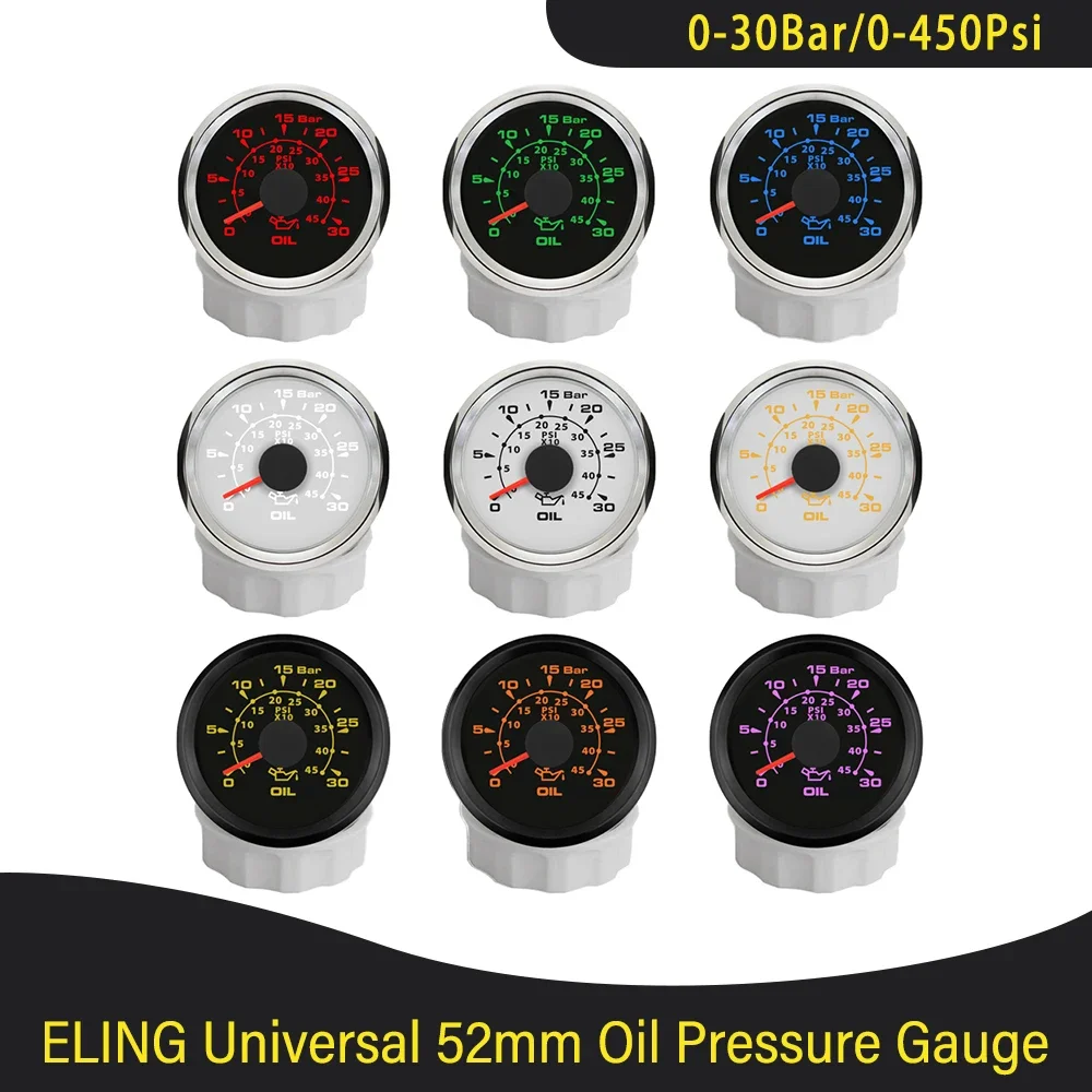 

Motorcycle Universal 52mm Oil Pressure Gauge 0-30Bar 0-435Psi 0-450Psi with 8 Colors Backlight for Car Truck Boat Yacht 12V 24V
