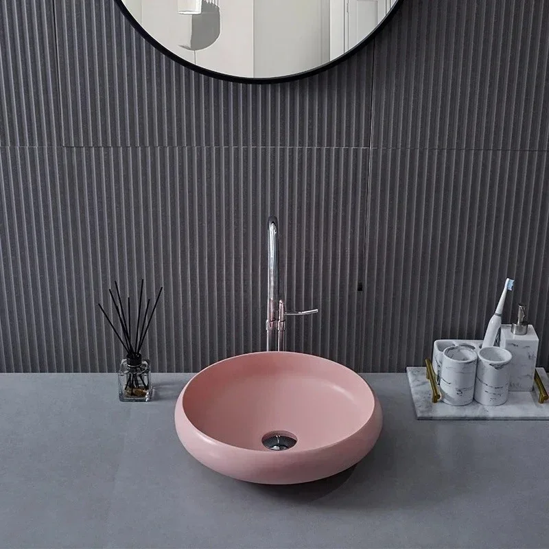 A Artificial stone wash basin, upper basin, bathroom, household small apartment face washbasin, pink simple round basin.Asmt52