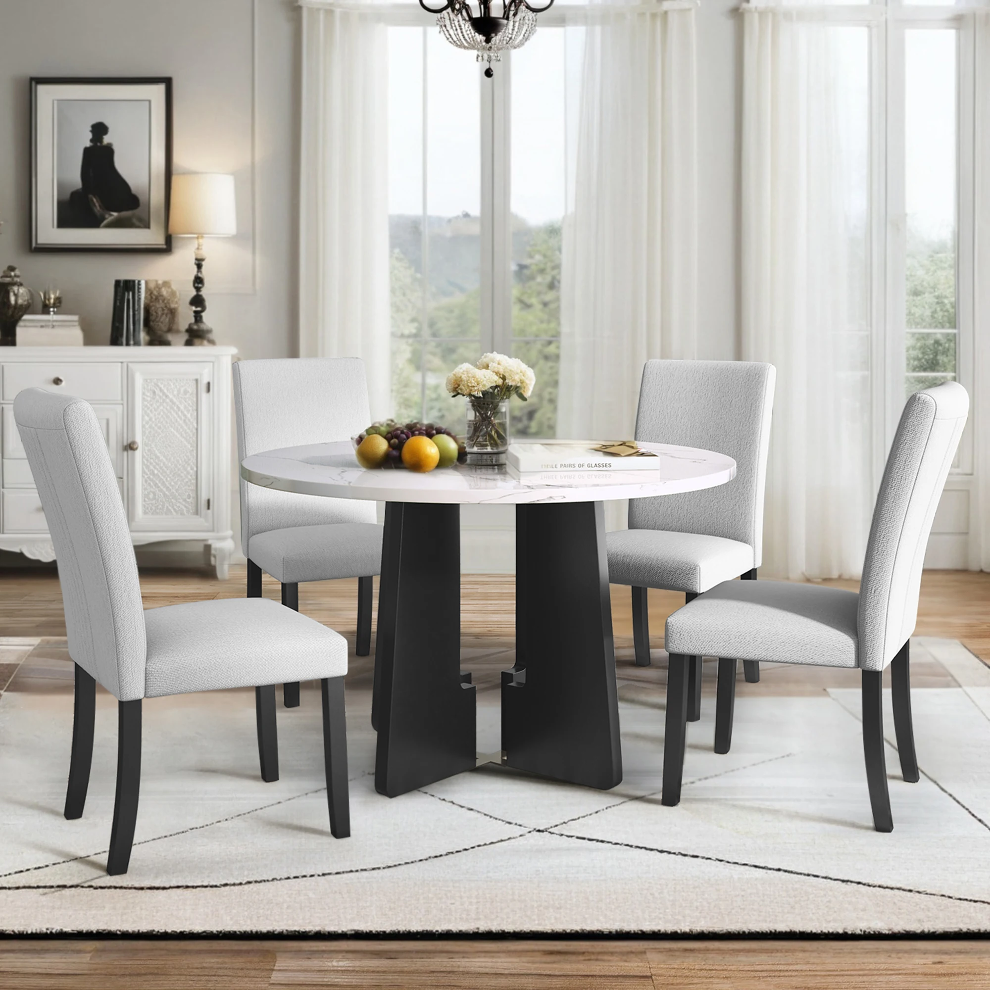 #5-Piece 43-Inch Modern Dining Table Set With 4 Upholstered Chairs Easy Assembly For Dining/Kitchen/Living Rooms