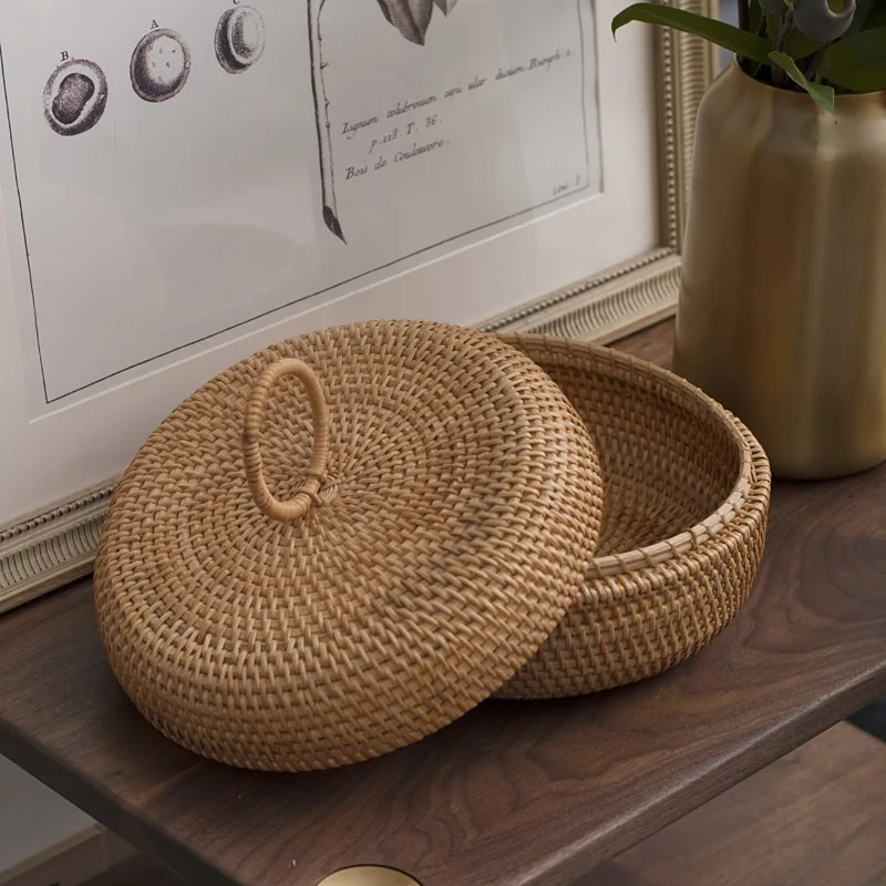 Vintage Solid Wood Rattan Storage Box with Lid Small Round Handwoven Desktop Organizer Basket Countertop Sundries Container