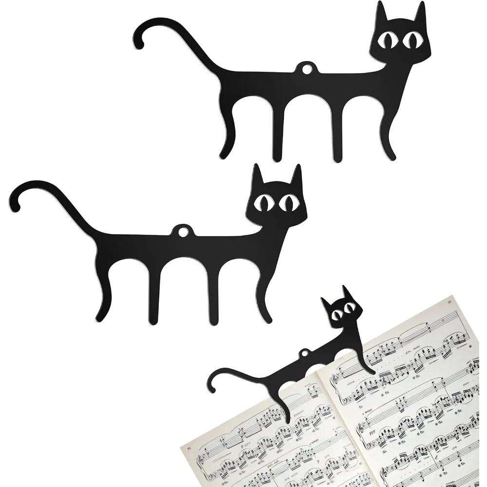 2 metal music clip pages holder cute cat-shaped bookmarks for piano keyboard reading in black